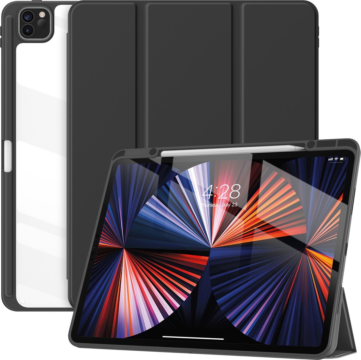 Geschikt Voor iPad Hoes Pro 12.9 - Pro 12.9 Hoes - 12.9 Inch - Solidenz Pro 12.9 Hybrid Bookcase - Case Met Autowake / Autosleep - Hoesje Met Pencil Houder - A2757 - A2777 - A2696 - Zwart