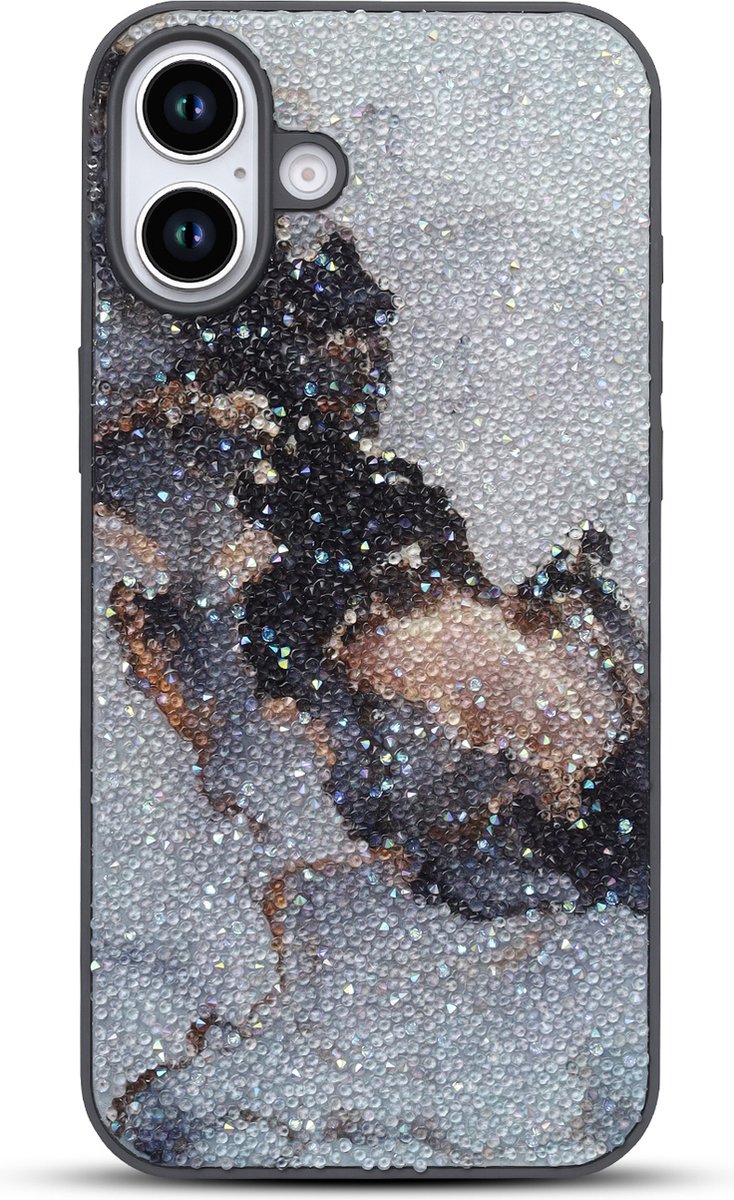 Casemania Hoesje Geschikt voor Apple iPhone 16 - Grijs - Diamant Marmer Glitter Back Cover