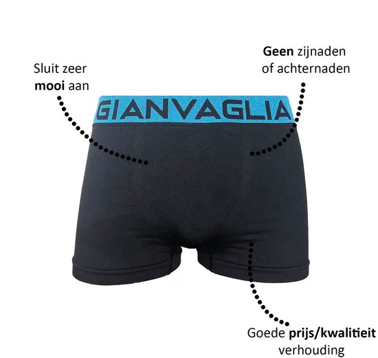 Zwarte boxershort met blauwe tailleband met GIANVAGLIA logo. Beschrijving: sluit zeer mooi aan, geen zijden of achternaden, goede prijs/kwaliteit verhouding.