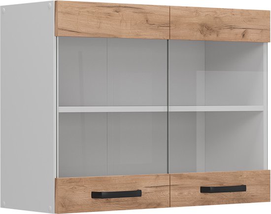 Glazen keukenkast R-Line Wit Hoogglans 40 cm Vicco | Wit hoogglans/goud power eiken | Glazen hangkast 40 cm | 406673103564906