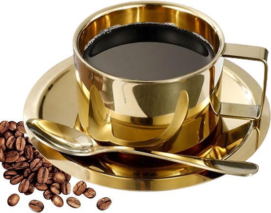 Tasses Isothermes Avec Soucoupe Ensemble De Tasses à Café Isolées - Tasses à Expresso En Acier Inoxydable à Double Paroi Tasse à Thé Latte Cappuccino Avec Soucoupe Et Cuillère 125Ml (Ensemble De