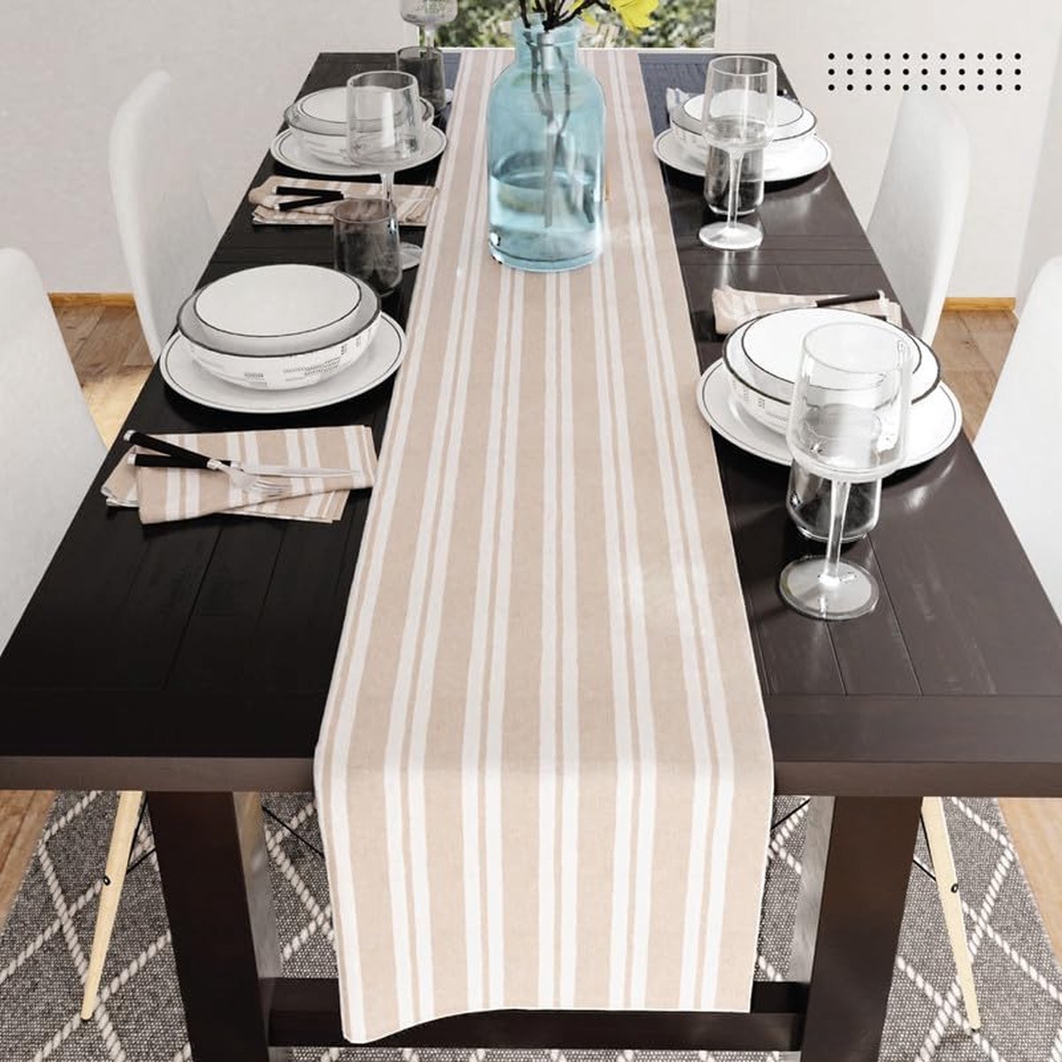 Tafelloper voor 8-zits om te eten, Franca beige strepen, groot 40 x 150 cm, milieuvriendelijk katoen, decoratieve, zelfgesponnen doek voor feest, restaurant, wasmachinebestendig