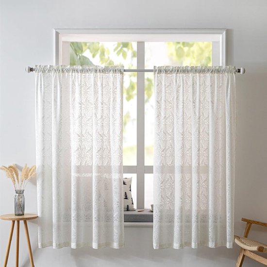 Devola Vitrage met golfpatroon Gardine Print Korte gordijn met lussen Keukengordijn Kort Modern Voile Bistrogordijn Transparant HxB 45x120cm Violet 1 stuk