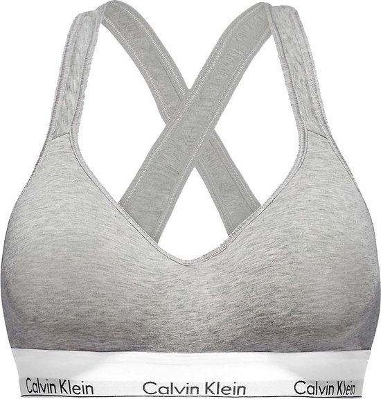 Grijze Calvin Klein bralette met gekruiste bandjes en witte band met logo.