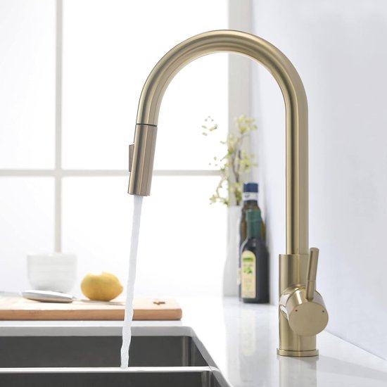 Senlesen Gouden Keukenkraan Voor Gezuiverd Water Messing Op Het Dek Gemonteerde Dubbele Handgreep Uittrekbare Gootsteenkraan Twee Draaibare Uitloop Mengkraan