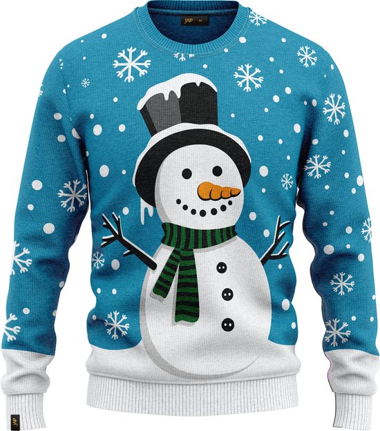 JAP Christmas Kersttrui (maat L) - 100% Gerecycled - Kriebelt niet - Kerstcadeau volwassenen - Foute Kersttrui dames en heren - Sneeuwpop - Blauw
