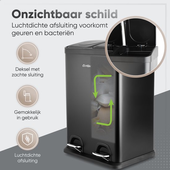 Zwarte prullenbak met twee vakken en pedalen, getoond met pictogrammen voor zachte sluiting, gebruiksgemak en luchtdichte afsluiting.