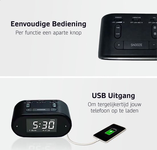 BrightLife Trilwekker - Wekker Slechthorenden of Doven - Krachtige trilfunctie voor onder kussen - Inclusief Felle Lichtflitsen en Alarm - Luide Wekker voor Vaste Slaper