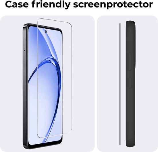 Transparante displaybeschermer past op een telefoon, naast een telefoonhoesje. 'Case friendly screenprotector'.