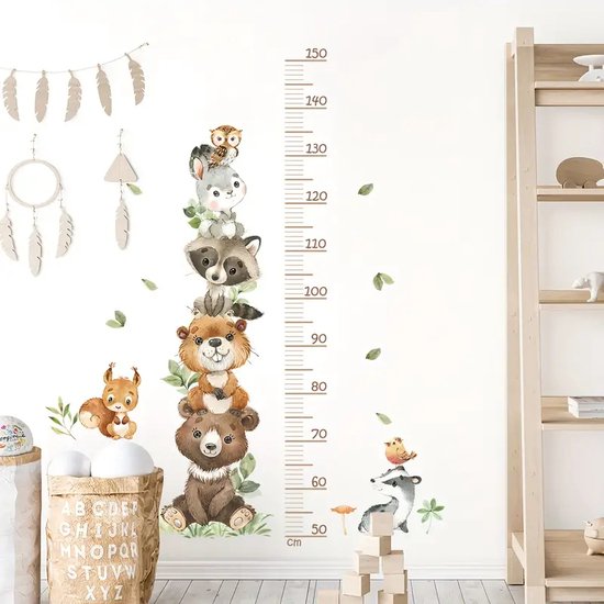 Toise de croissance Chambre d'enfant - Chambre de bébé - Muursticker - Animaux pelucheux - Tige à mesurer - PVC autocollant - 81x100cm - Décoration murale - Garçon - Fille