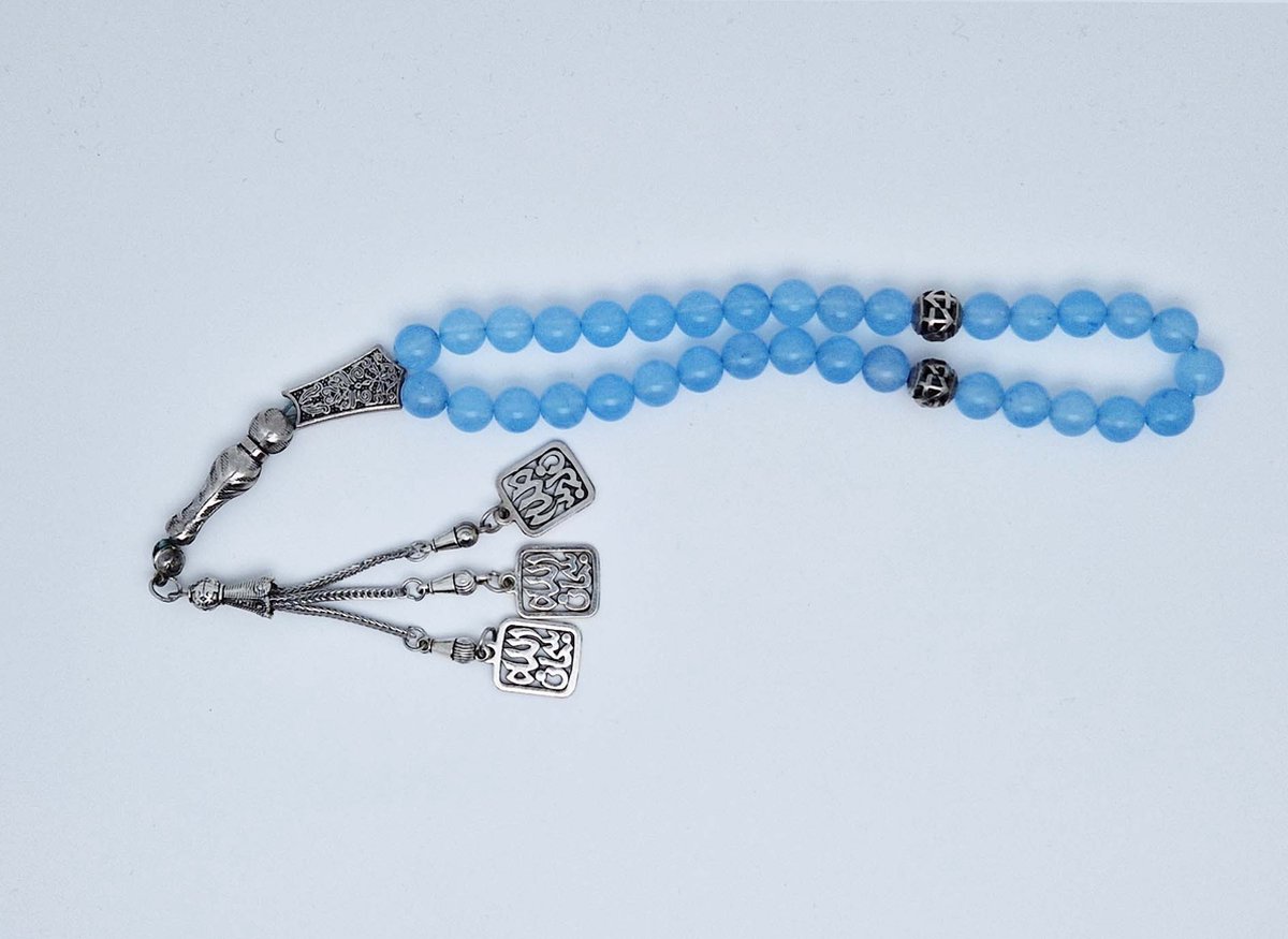 Handgemaakte tesbih "tasbih" natuursteen " Blauwe Jade " - Aantal kralen 33 - Diameter kralen 10 MM - met metaal tassel "model 2" - Een mooi cadeau-idee