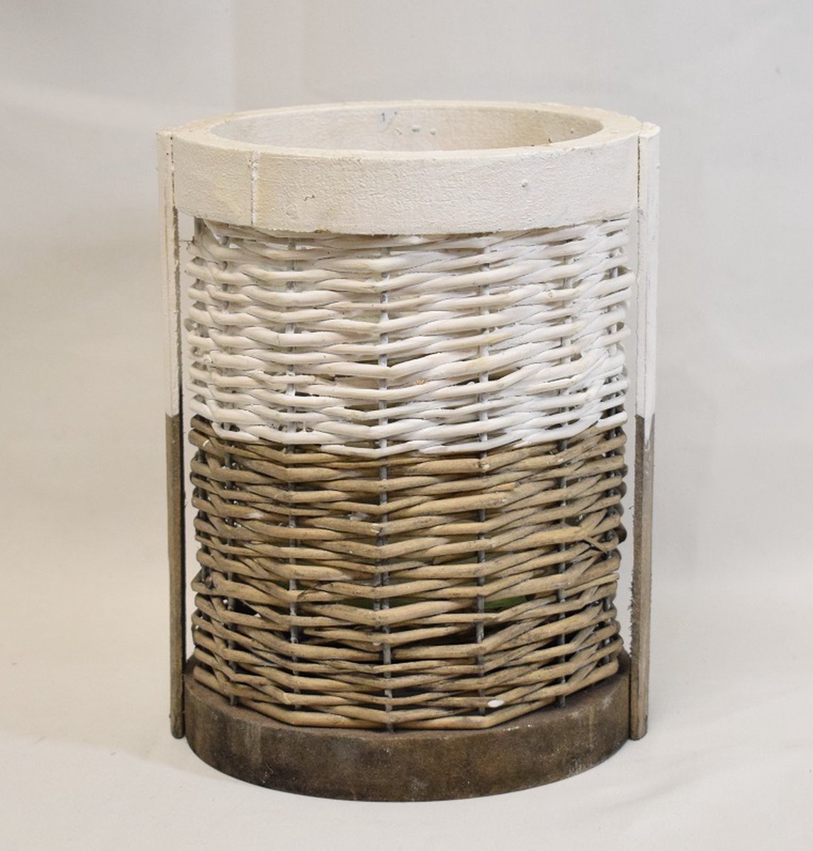 ZoeZo Design windlicht - kaarshouder - nautisch - strand - glas - hout - rotan - H20 x Ø 15 cm bruin - wit