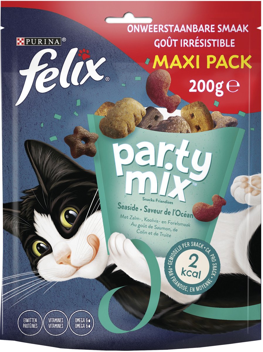 Felix Party Mix Seaside kattensnoep zalm-, koolvis- & forelsmaak maxipack 5 x 200 g