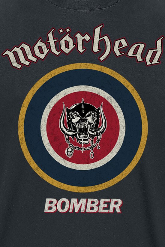 Zwart t-shirt met "Motörhead" en "BOMBER" tekst, met een cirkelvormig Motörhead logo.