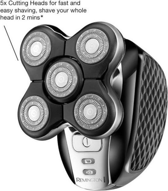 Scheerapparaat met 5 zwarte scheerkoppen en een ergonomisch handvat. Met tekst '5x Cutting Heads for fast and easy shaving, shave your whole head in 2 mins'.