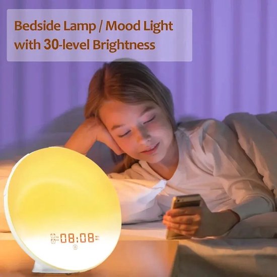Bloominggoods® Wake-Up Light - Wekker - Alarm - Digitale Klok - Nachtlamp - Radio - USB Oplader - Snooze Functie - 7 Natuurgeluiden - Wit van Bloom — afbeelding 4