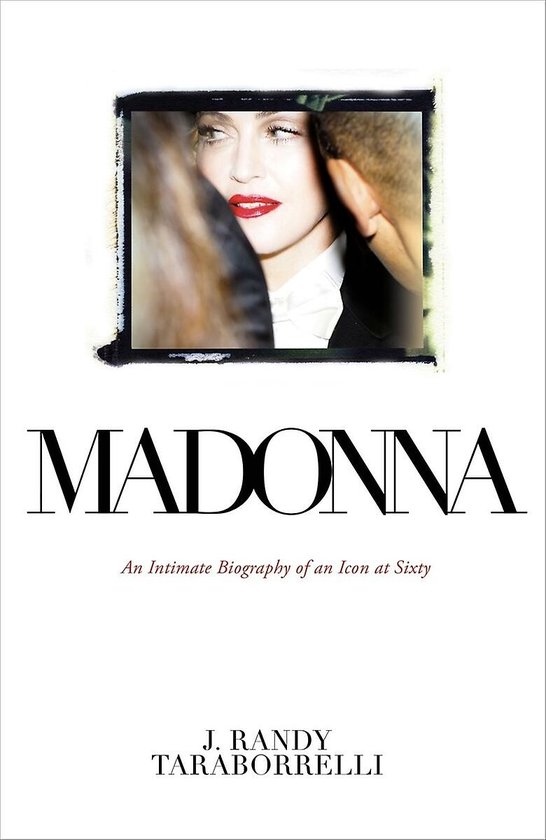 Boekomslag van "MADONNA" met een close-up van Madonna met rode lippen en een witte blouse.