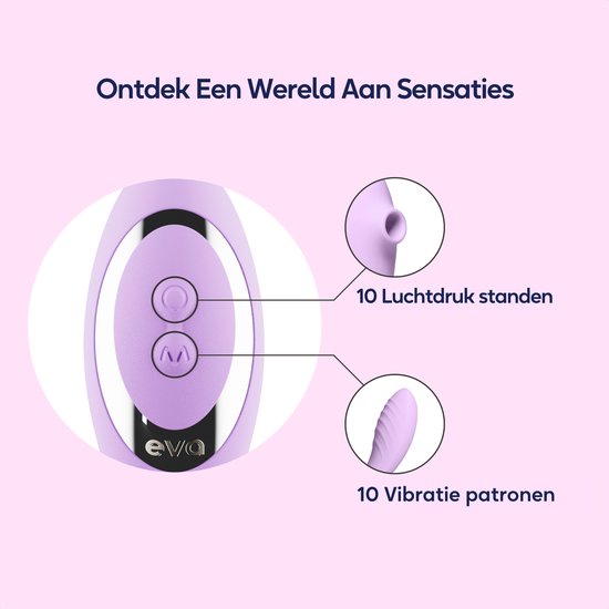 Paarse vibrator met knoppen. Toont "10 luchtdruk standen" en "10 vibratie patronen".