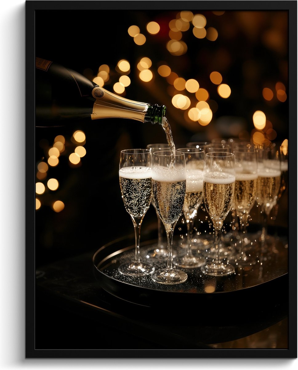 FrameYourWall Fotolijst inclusief poster - Posterlijst 60x80 cm - Posters - Lichtjes - Champagne - Dienblad - Glazen - Foto in lijst - Keuken decoratie muur - Wanddecoratie accessoires - Muurdecoratie - Schilderijen Champagne - Glazen
