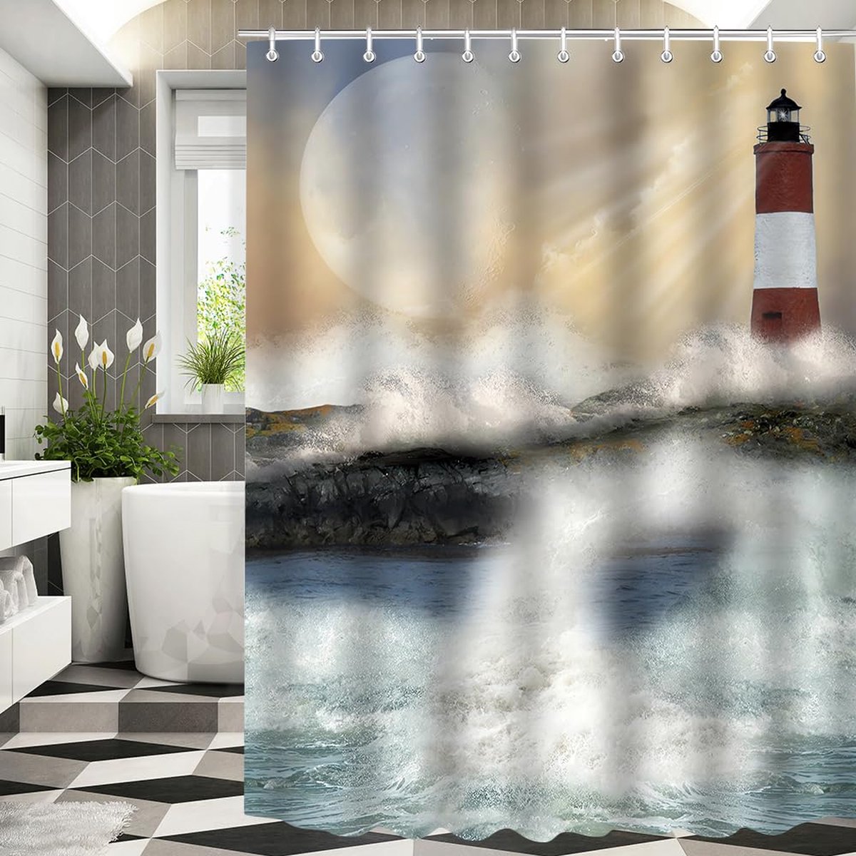Goodivery ® Stijlvol Douchegordijn met Vuurtorenmotief, Waterafstotend en Schimmelbestendig, Inclusief Ophangringen