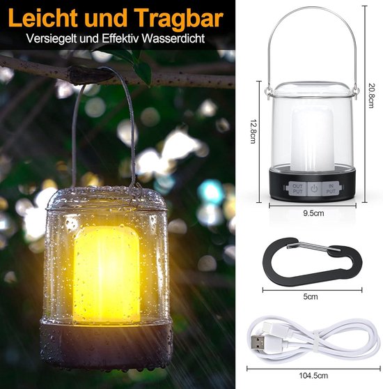 Madame Lampe de camping Jones LED 2600 mAh rechargeable - 3 niveaux de luminosité dimmable IP44 étanche - avec crochet et câble de chargement USB C pour le camping, la randonnée, les coupures de courant - les urgences, etc.