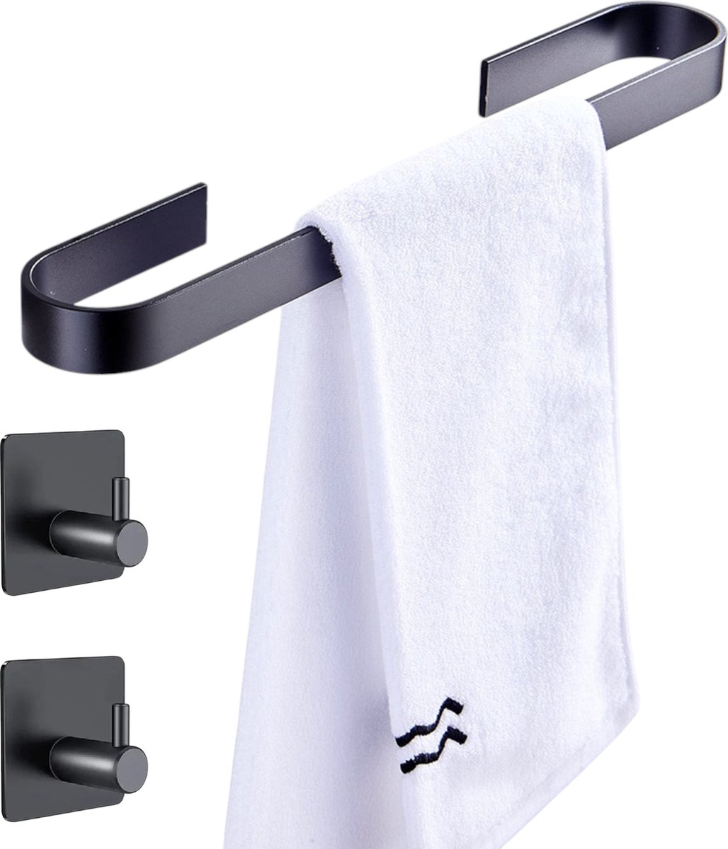SwissBex 40 cm Handdoekrek zonder boren - Handdoekstang - Badkamermeubel - Zelfklevend - Inclusief 2 Montagesets - Mat Zwart - Doucherek - Handdoekhouder