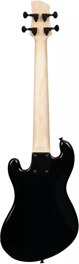 Achterkant van een zwarte Kala U-Bass elektrische basgitaar met lichtgekleurde nek.