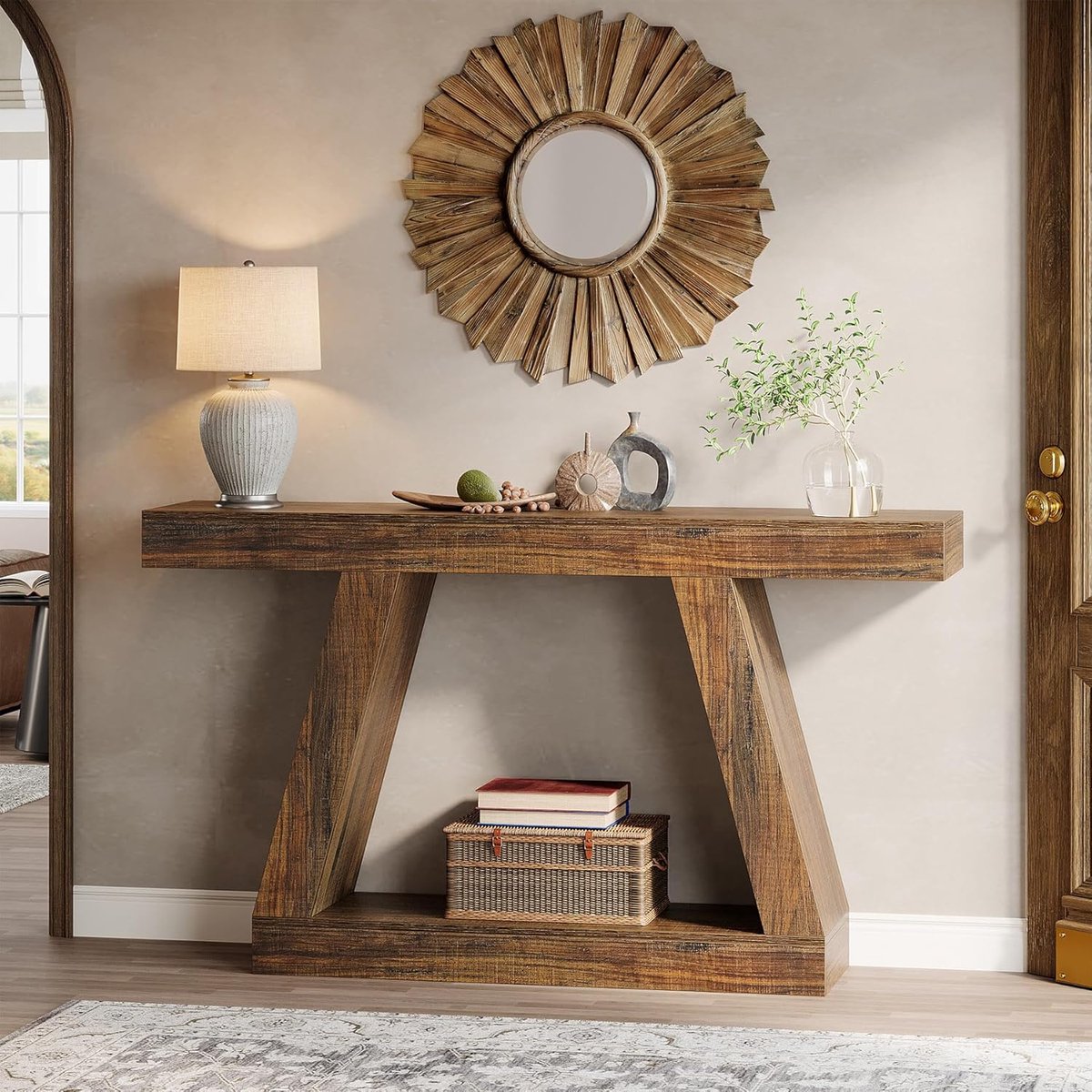 Console D’entrée Rustique 160 Cm – Plateau Bois Naturel, Piètement Brun, MDF épais 3 Cm | Pour Salon, Couloir