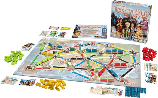 Ticket to Ride: Mijn Eerste Reis spelcomponenten: speelbord, doos met vier kinderen, treintjes en kaarten.