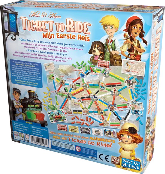 Achterkant van de doos van Ticket to Ride: Mijn Eerste Reis. Spelbord met steden en routes, en illustraties.