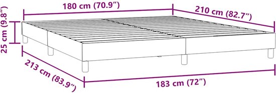Lichtgrijze boxspring met afmetingen 180x210 cm, voorzien van afmetingen.