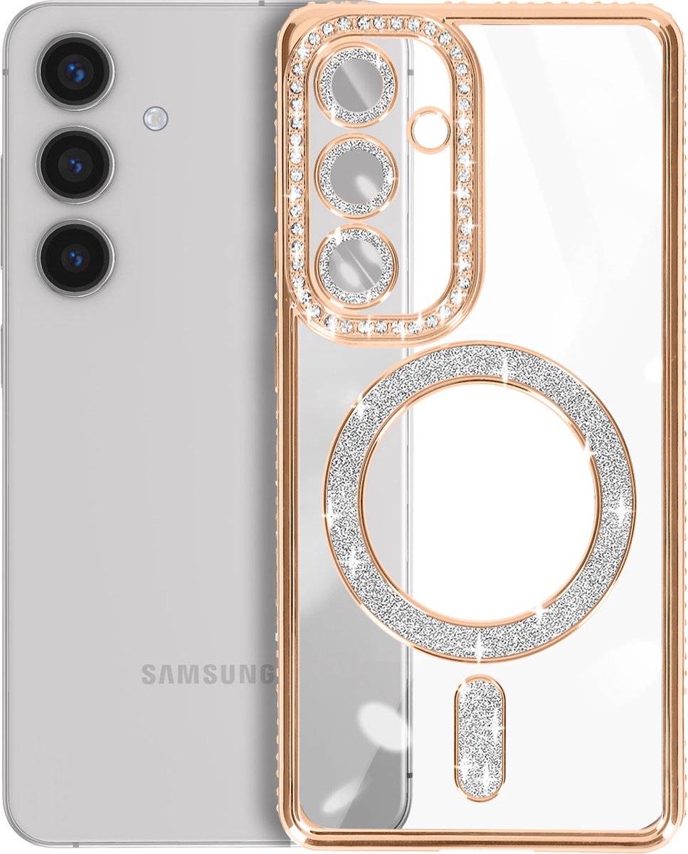 Avizar Diamant hoesje Geschikt voor Samsung Galaxy S24 MagSafe overzicht Strass, Goud