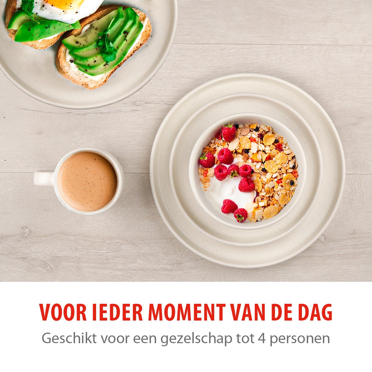 alpina Serviesset 16-Delig - Bordenset 4 Persoons - Aardewerk Servies - Ontbijtborden, Dinerborden, Kommen en Mokken - Magnetron en Vaatwasser Bestendig - Créme — afbeelding 5
