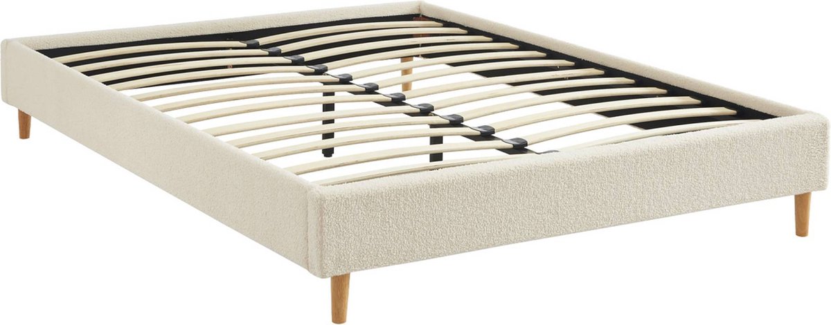 sweeek - Bed met lattenbodem, bouclé afwerking, wit