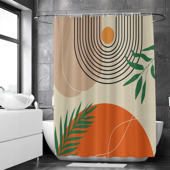 Abstract douchegordijn met oranje cirkels, gebogen lijnen en groene bladeren, hangend in een moderne badkamer met grijze tegels.