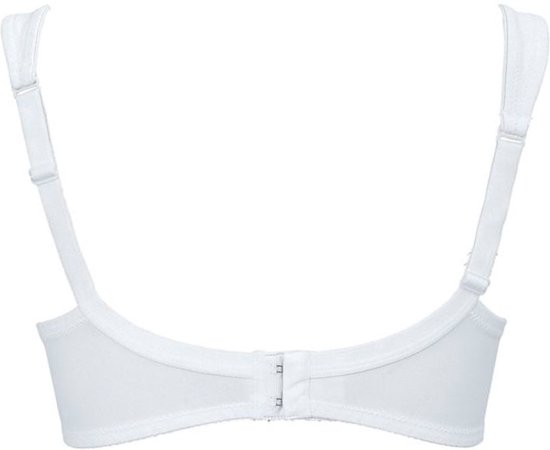 Achterkant van een witte voorgevormde beugel bh met brede schouderbanden.