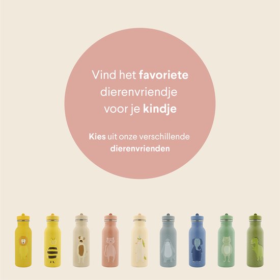 Rij met acht RVS drinkflessen met dierenprints, waaronder leeuw, bij, hond en konijn.