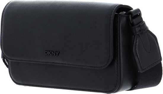 Zwarte leren DKNY crossbodytas met flap en subtiel logo.