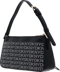 Zwarte DKNY tas met repetitief DKNY logo in grijs en goudkleurige hardware.
