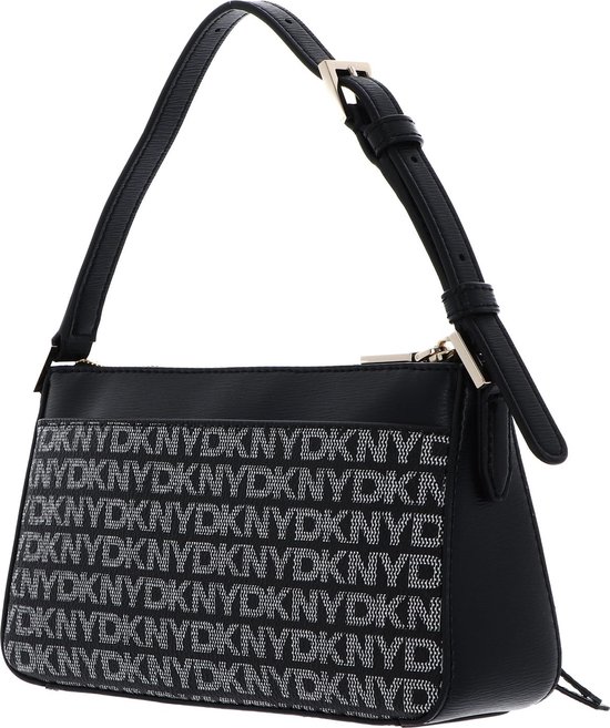 Zwarte DKNY tas met repetitief DKNY logo in grijs en goudkleurige hardware.