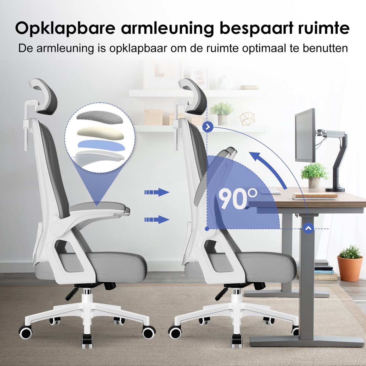 Hiaonyx bureaustoel-ergonomische bureaustoel-bureaustoelen voor volwassenenOpklapbare armleuningen-2D lendensteun-Maximale kanteling 135°-Grijs thumbnail 5