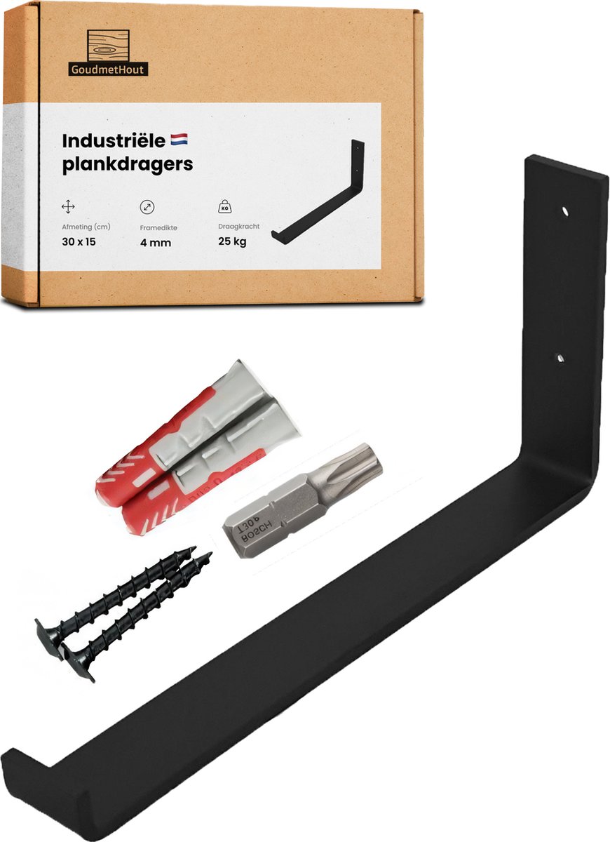 GoudmetHout® Industriële Plankdragers L-vorm UP - 30 cm - Stalen Plankdrager voor Wandschap, Muurrek of Wandconsole - Max 25 kg - 1 stuk - Mat Zwart
