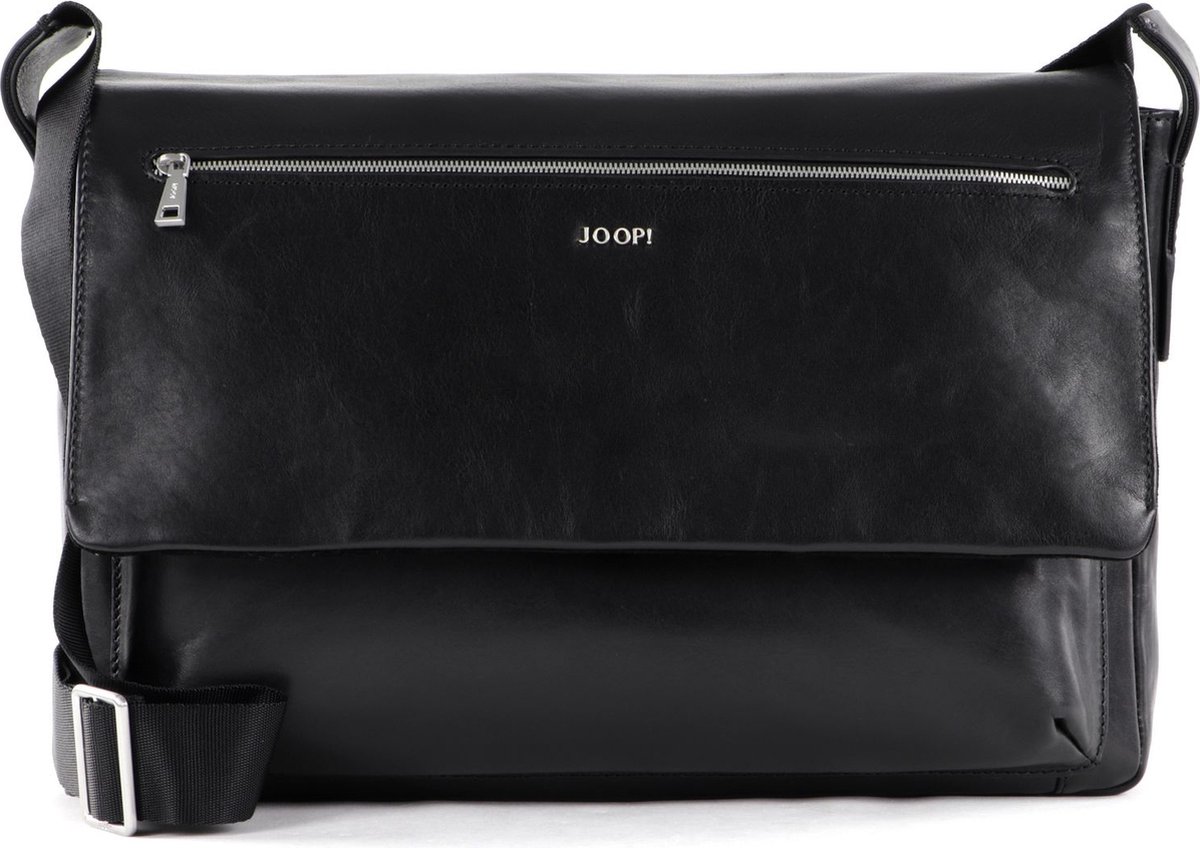 JOOP! Leren Laptoptas Schoudertas met laptopvak Treviso Janis Shoulderbag Black Zwart
