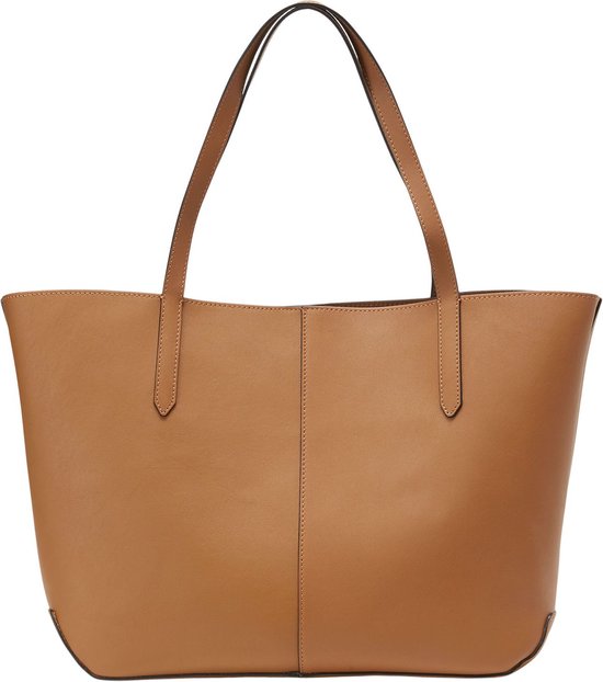Bruine leren shopper met twee hengsels en verticale naden op de voorkant.