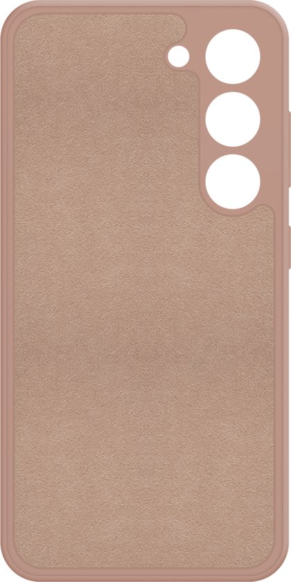 Roze telefoonhoesje met een suède-achtige textuur op de achterkant.