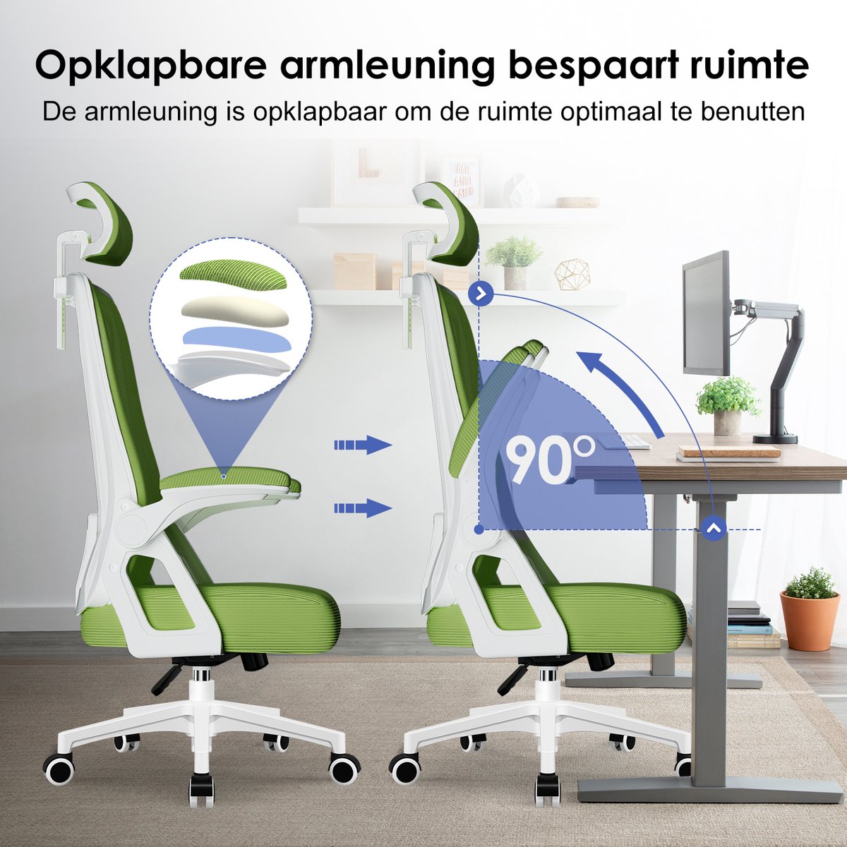 Hiaonyx bureaustoel-ergonomische bureaustoel-bureaustoelen voor volwassenenOpklapbare armleuningen-2D lendensteun-Maximale kanteling 135°-Groente thumbnail 6