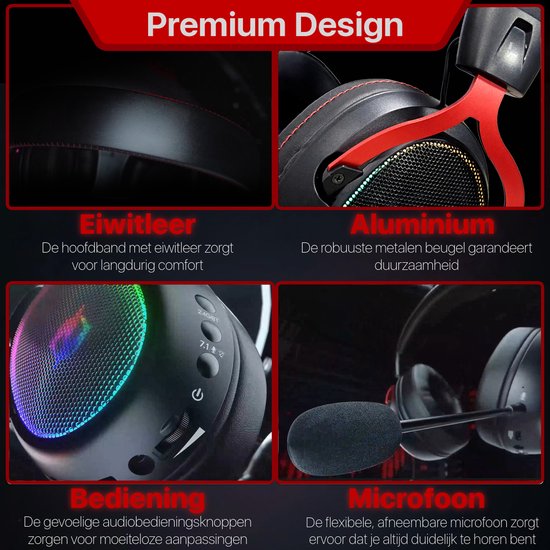 Close-ups van de premium Phreeze headset: oorstukken, aluminium beugel, bedieningsknoppen en microfoon.