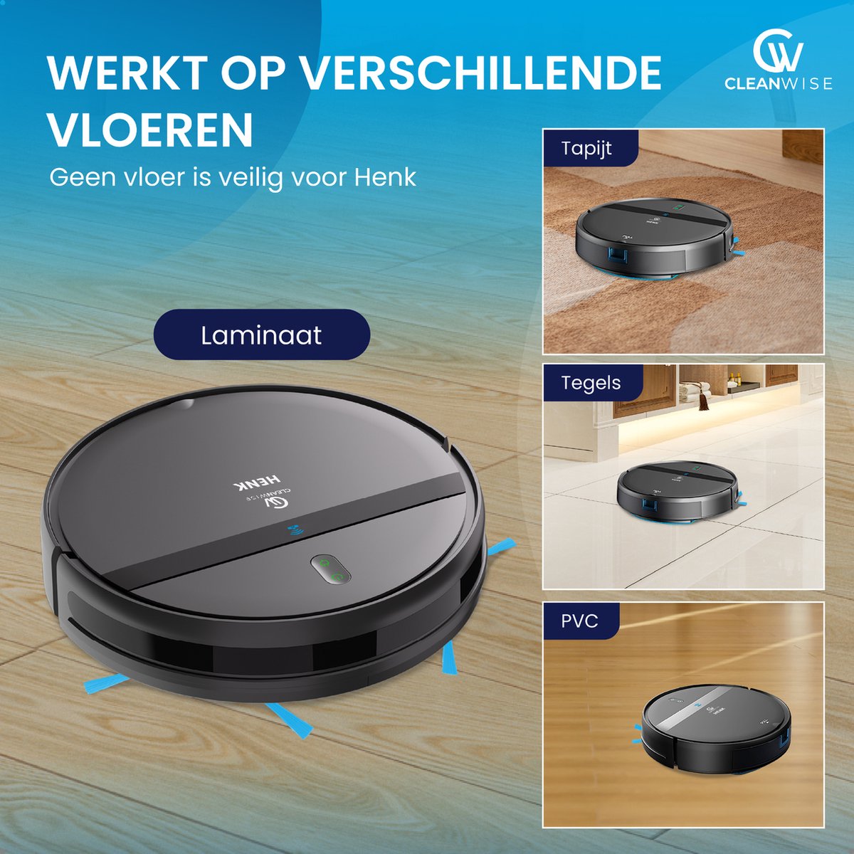 Afbeelding 2 van CleanWise Henk + Onderhoudspakket - Robotstofzuiger met dweilfunctie - Dweilrobot - Laadstation - Geschikt voor Huisdieren