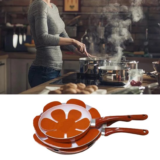 Bovenaan een vrouw die kookt. Onderop stapel oranje bloemvormige panbeschermers.