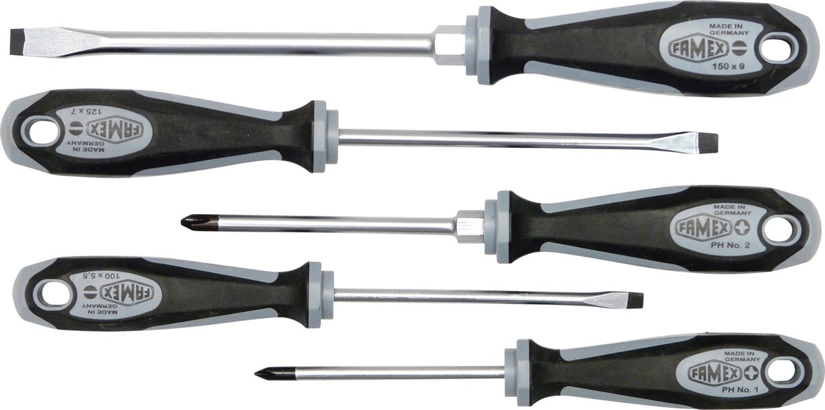 FAMEX 7705-5 Schroevendraaierset uit Duitse productie - 5-delig, Chroom-Vanadium-Molybdeen-Staal
